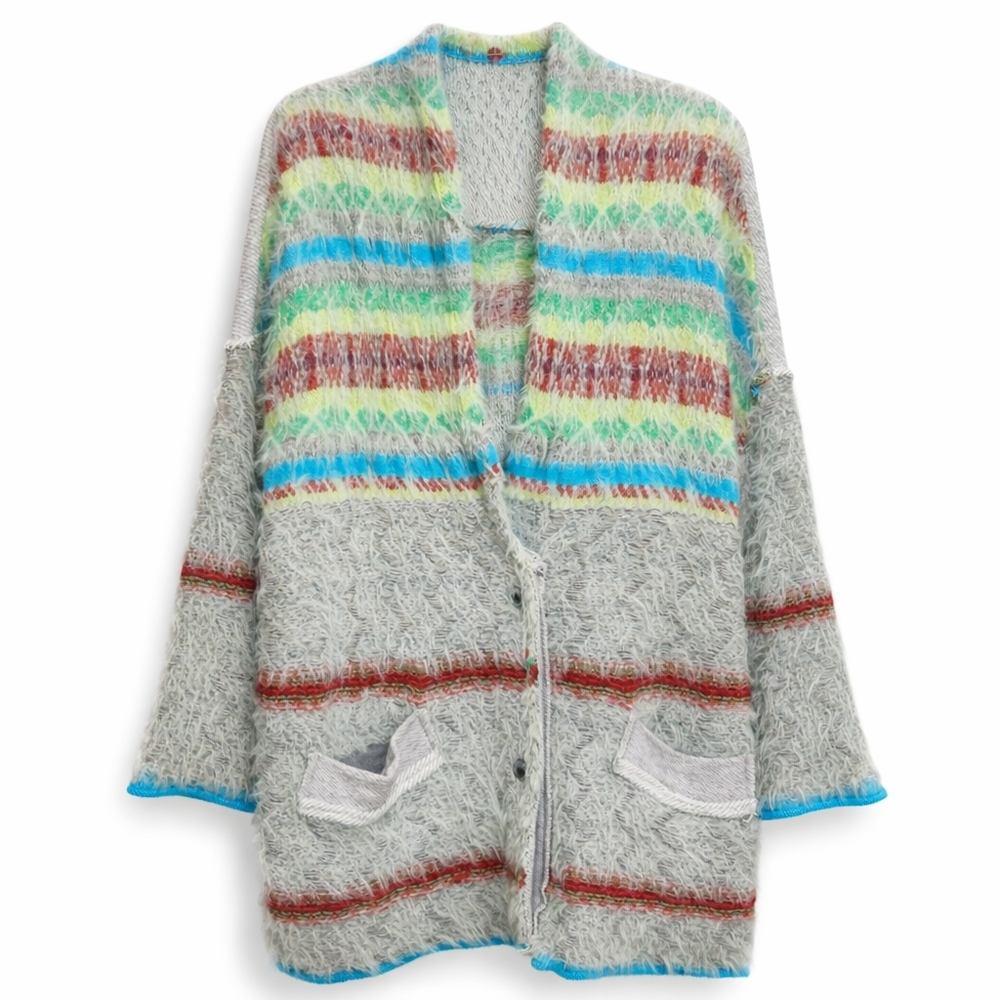Free People Fair Weather Feather Cardigan Mint Haze S  Boho Shaggy Knit Pockets